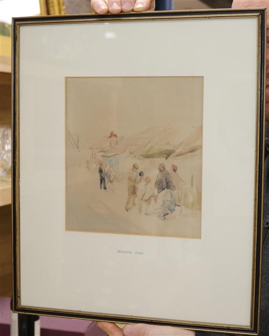 Madeline Green (1884-1949) three watercolours, figure studies, Boswells 1953 exhibition labels verso LARGEST 27 X 21cm.